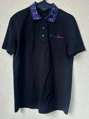 Versace Greca Collar Polo Shirt Black Gradient Taylor Fit Size XS